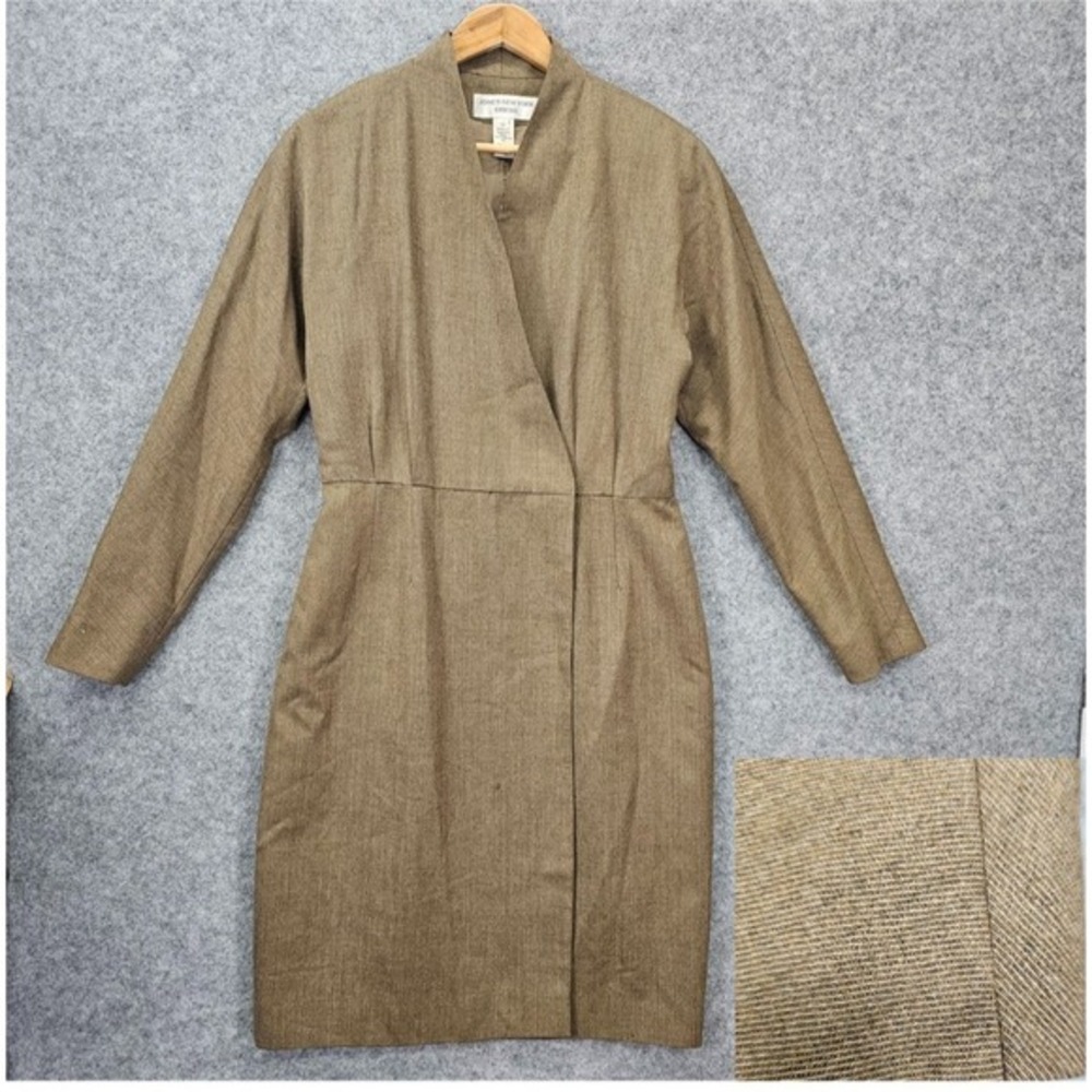 VTG 80s JONES New York Dress Womens 8 M Taupe Wool Victory Utility Wrap Coat USA